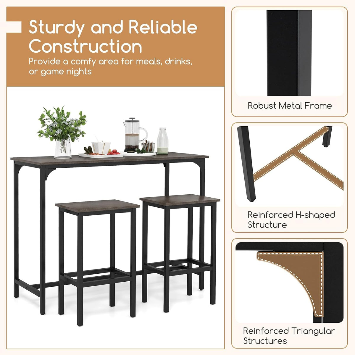 COSTWAY 3-Piece Dining Table Set, 47.5" Counter-Height Kitchen Table Set