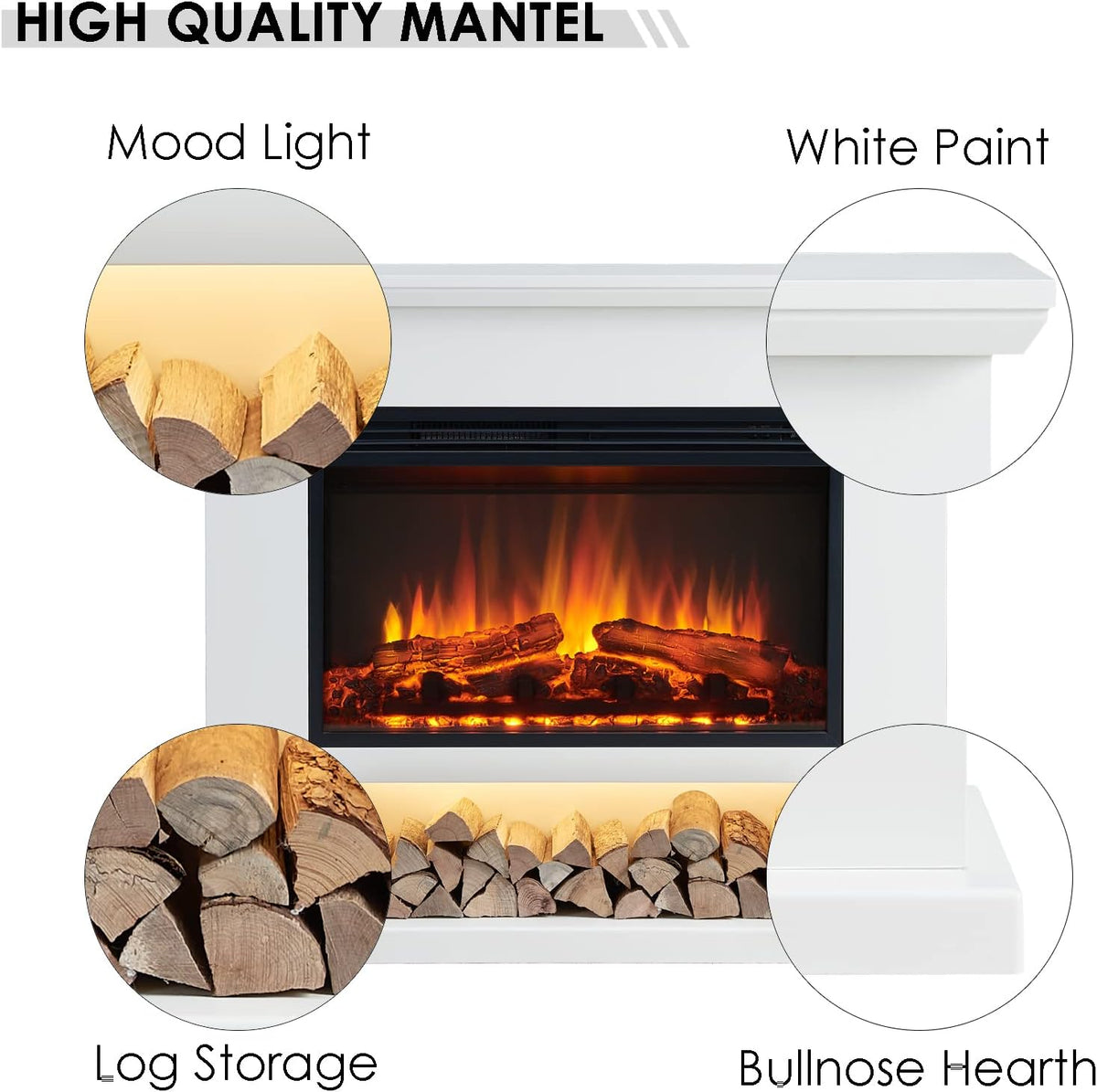 LegendFlame® Camille Electric Fireplace with 39.5" Mantel Surround and Jaden 27" Insert, Cream White Finish
