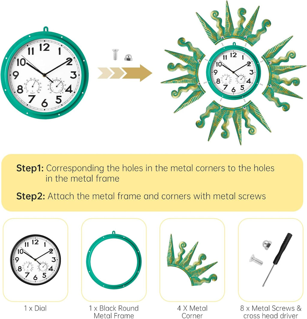 25-Inch Sun-Shaped Outdoor Clock and Thermometer Set Golden