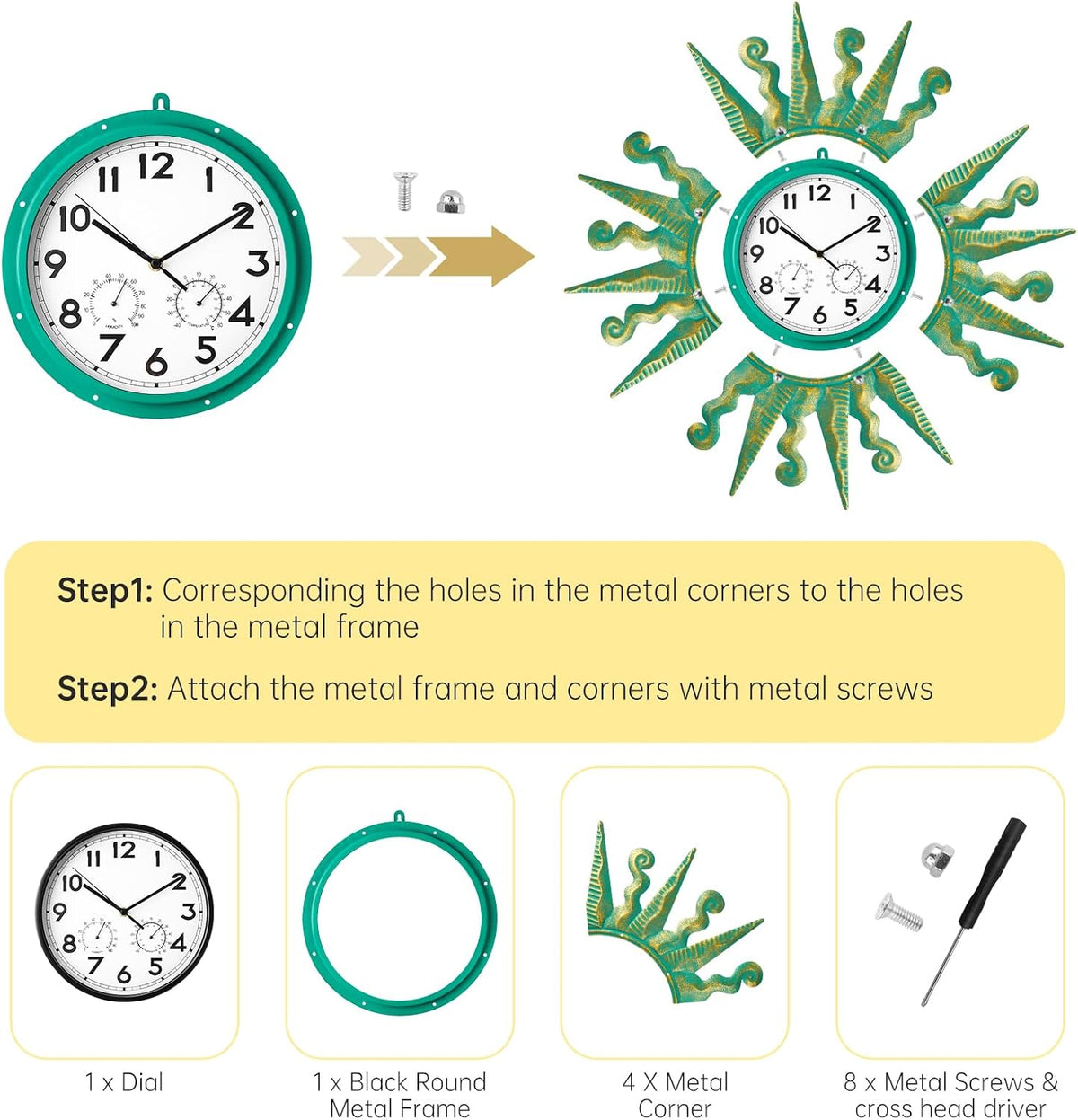 25-Inch Sun-Shaped Outdoor Clock and Thermometer Set Golden