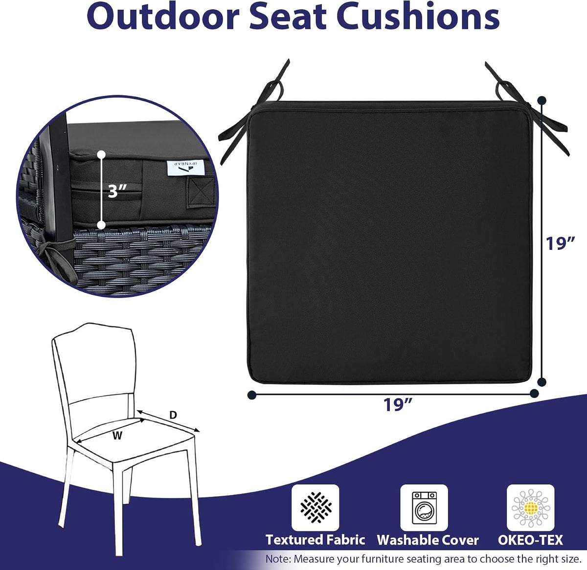 IPYNBAP Outdoor Chair Cushions Set of 4 -Waterproof Outdoor Seat Cushions for Patio Furniture, Patio Chair Cushion with Handle and Ties, Out Door Chair Pads,19x19x3-Square, Black