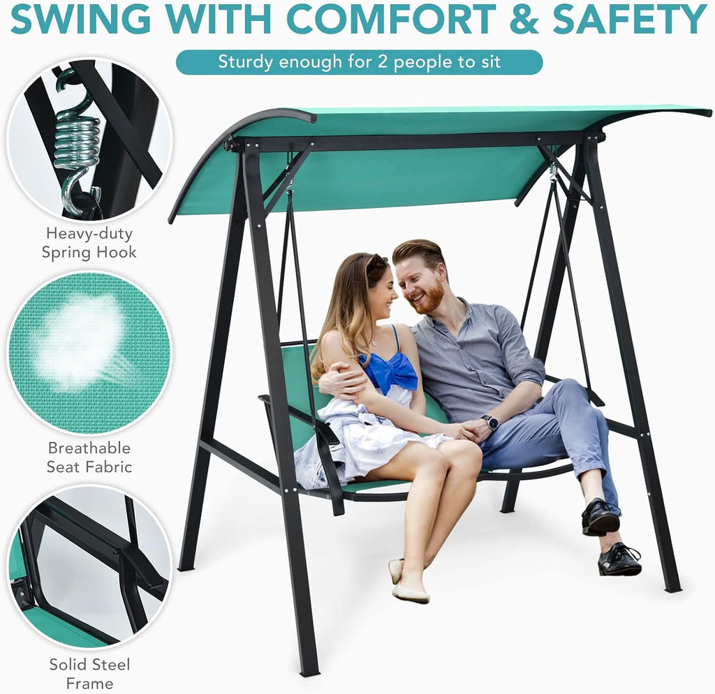 Tangkula 2-Person Patio Swing, Weather Resistant Porch Swing with Adjustable Canopy, Steel Frame, Outdoor Modern Canopy Swing with Handrails, Suitable for Porch Garden Poolside (Green)