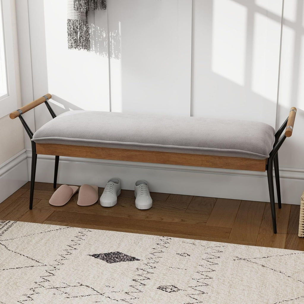 LukeAlon Modern Chenille Ottoman Bench with Arms & Metal Legs, Grey