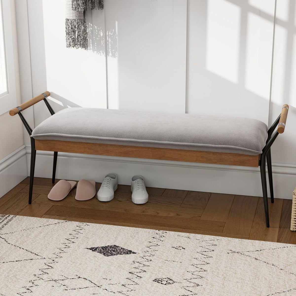 LukeAlon Modern Chenille Ottoman Bench with Arms & Metal Legs, Grey