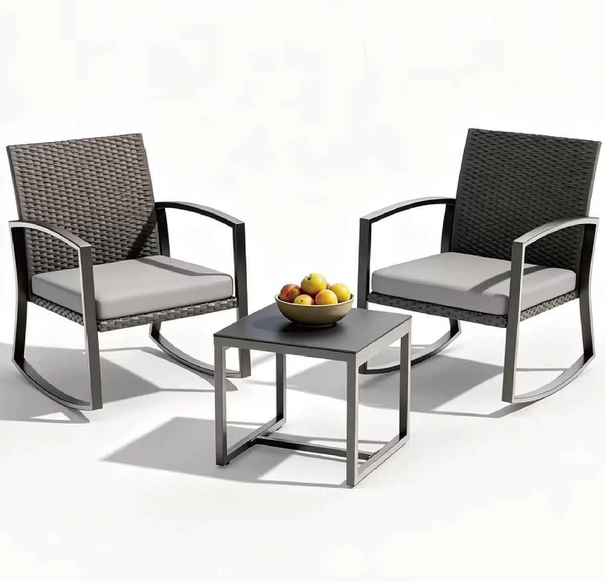 Rocking Patio Bistro Sets - All-Weather - 3 Piece Rattan Conversation Furniture Set, Wicker Outdoor Front Porch Chair for Balcony, Porch, Garden, Backyard, Poolside,Gray