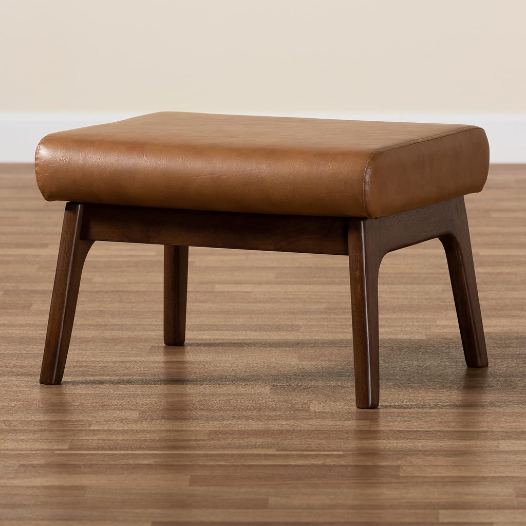 Baxton Studio Bianca Mid-Century Modern Walnut Brown Finished Wood and Tan Faux Leather Effect Ottoman