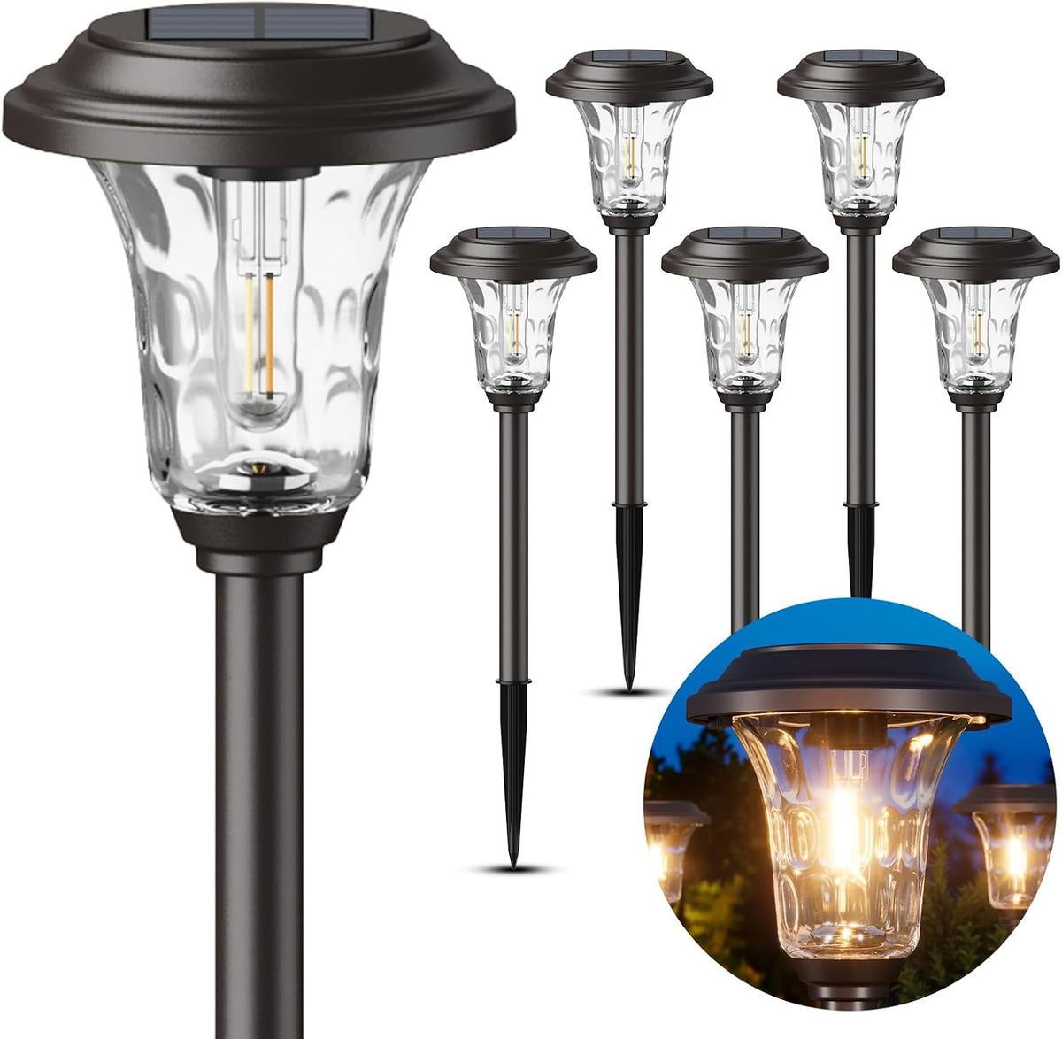 XMCOSY+ Solar Lights Outdoor, 6 Pack Metal Glass Solar Pathway Lights