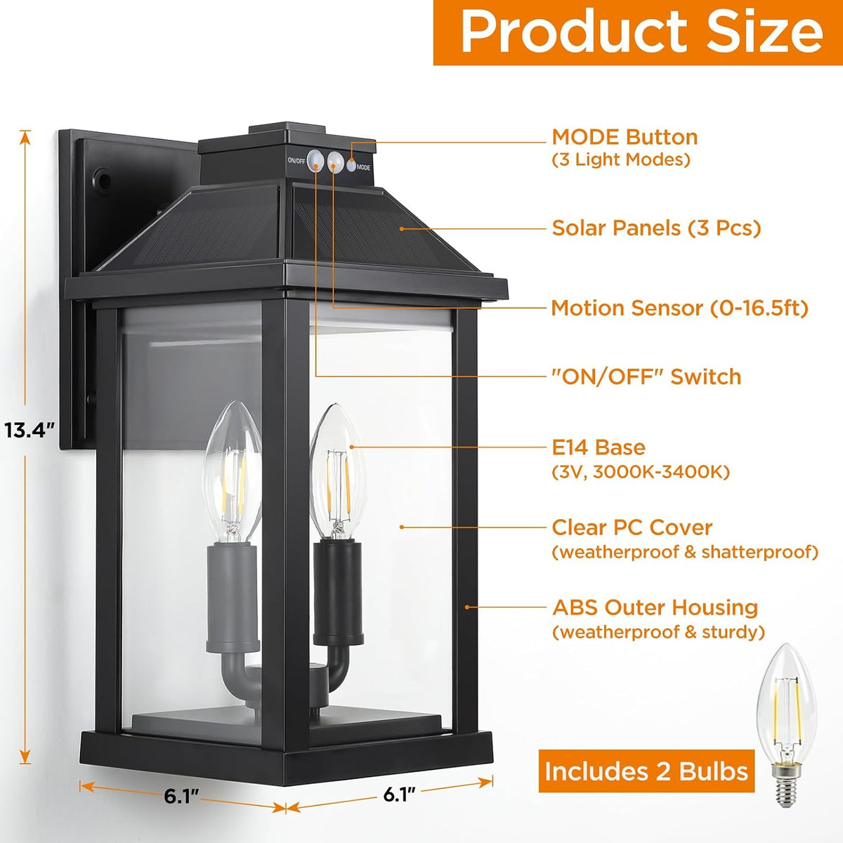 ropelux Solar Lights Outdoor Waterproof, 3 Modes Porch Lights, Motion Sensor Outside Light for House, Outdoor Wall Lights Lantern, Exterior Lighting Fixtures for Garden Patio Fence Yard Garage, 2Pack