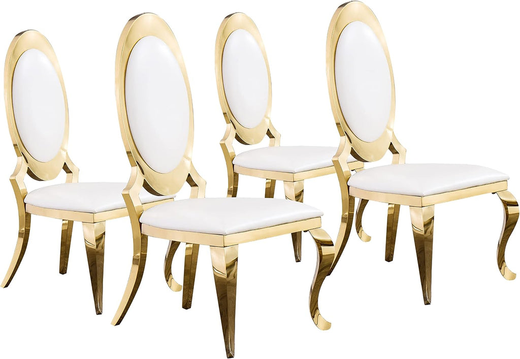 SSLine Modern Luxury White Faux Leather Dining Chairs Set of 4 Gold Legs