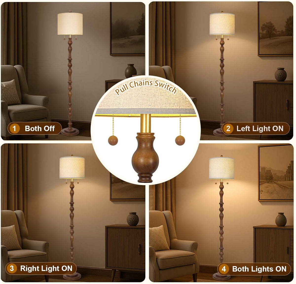 Scenekoy 65.5" Natural Real Wood Floor Lamp with Dual Pull Chains Switch