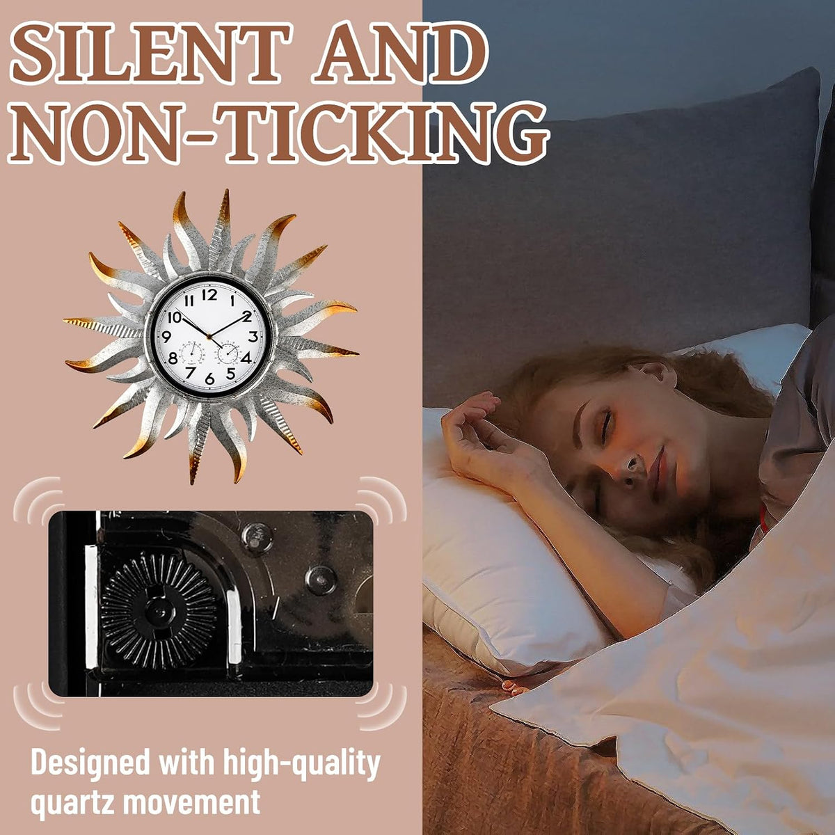 25-Inch Sun-Shaped Outdoor Clock and Thermometer Set, 10-Inch Dial, Battery Powered, Waterproof, Silent Quartz Movement (Silver)
