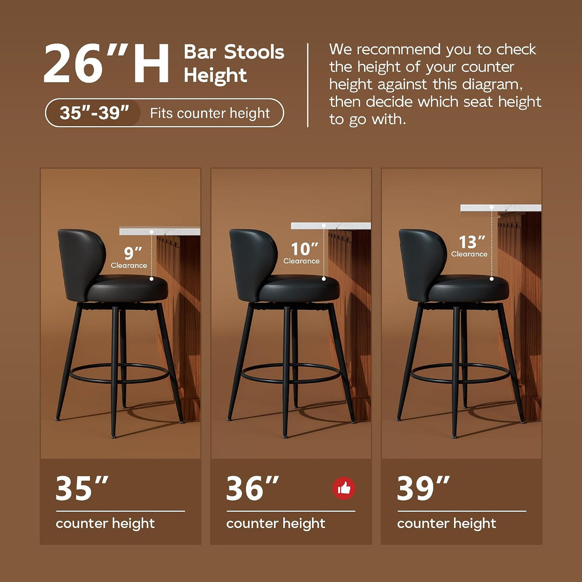 26" Black Bar Stools Set of 4, Swivel Kitchen Island Chairs