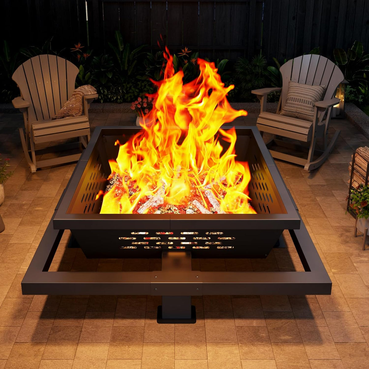 47" Large Fire Pit, Square Outdoor Fire Pit with Poker, Wood Burning FirePit for Camping, Backyard, Patio