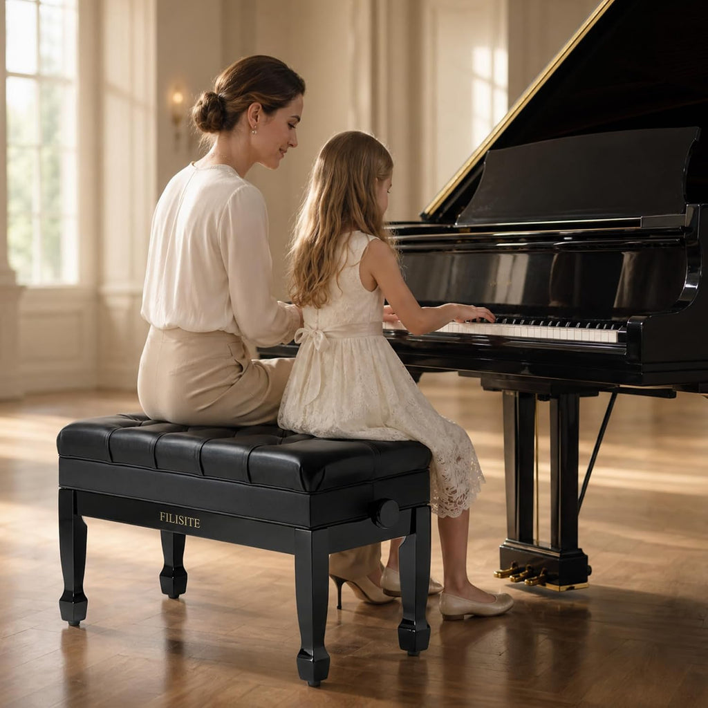 Genuine Leather Duet Piano Bench with Storage,Adjustable Heavy Duty Wooden Double Keyboard Seat XHJ-11G(Black)