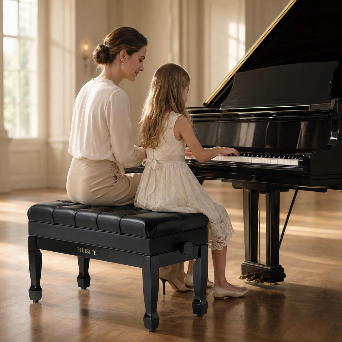 Genuine Leather Duet Piano Bench with Storage,Adjustable Heavy Duty Wooden Double Keyboard Seat XHJ-11G(Black)