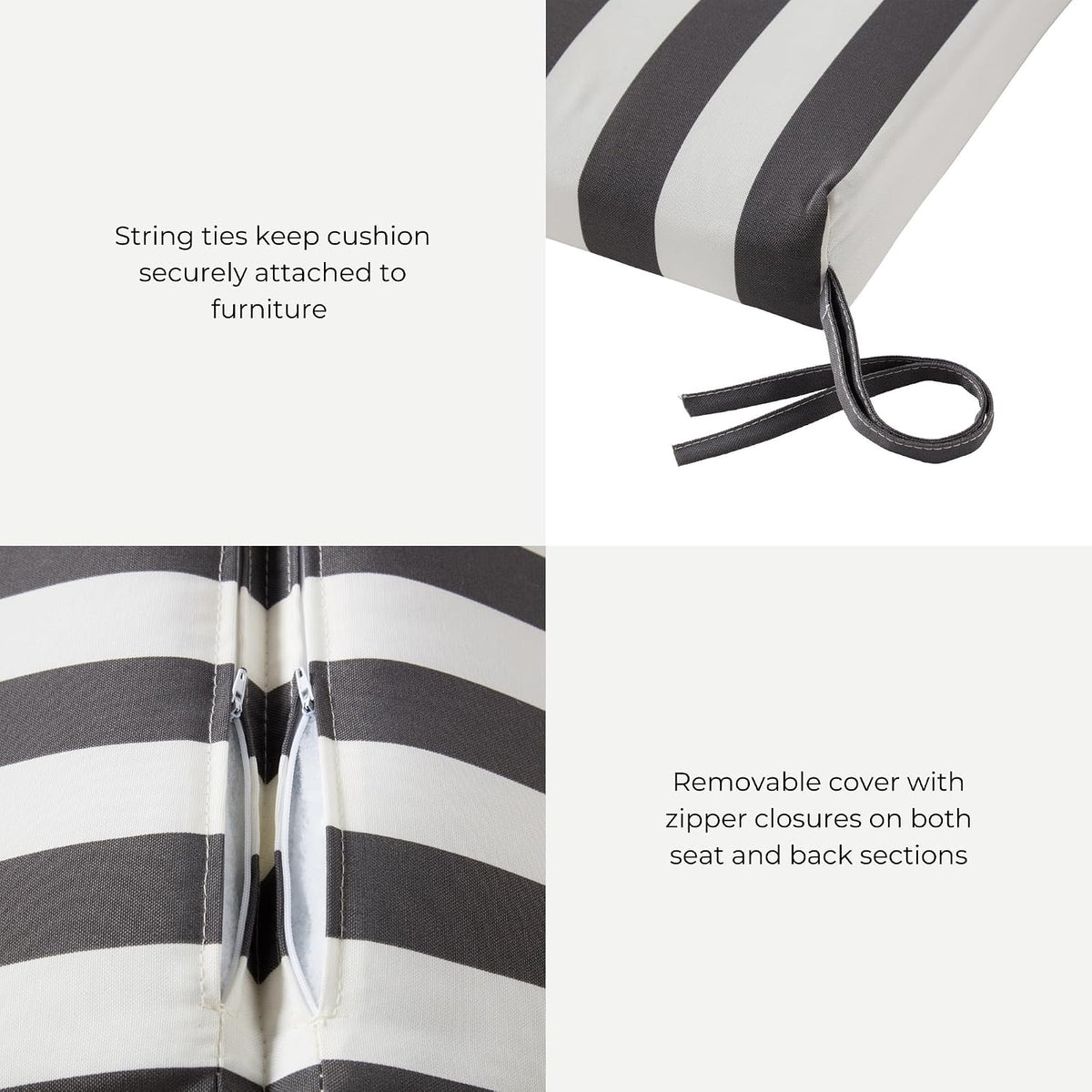 High Back Outdoor Chair Cushion – Hinged Patio Chair Pad with Removable Cover, Reversible Cushion with Ties, Durable Polyester Fabric, Eco-Friendly Recycled Polyfiber Fill, Canopy Stripe Gray