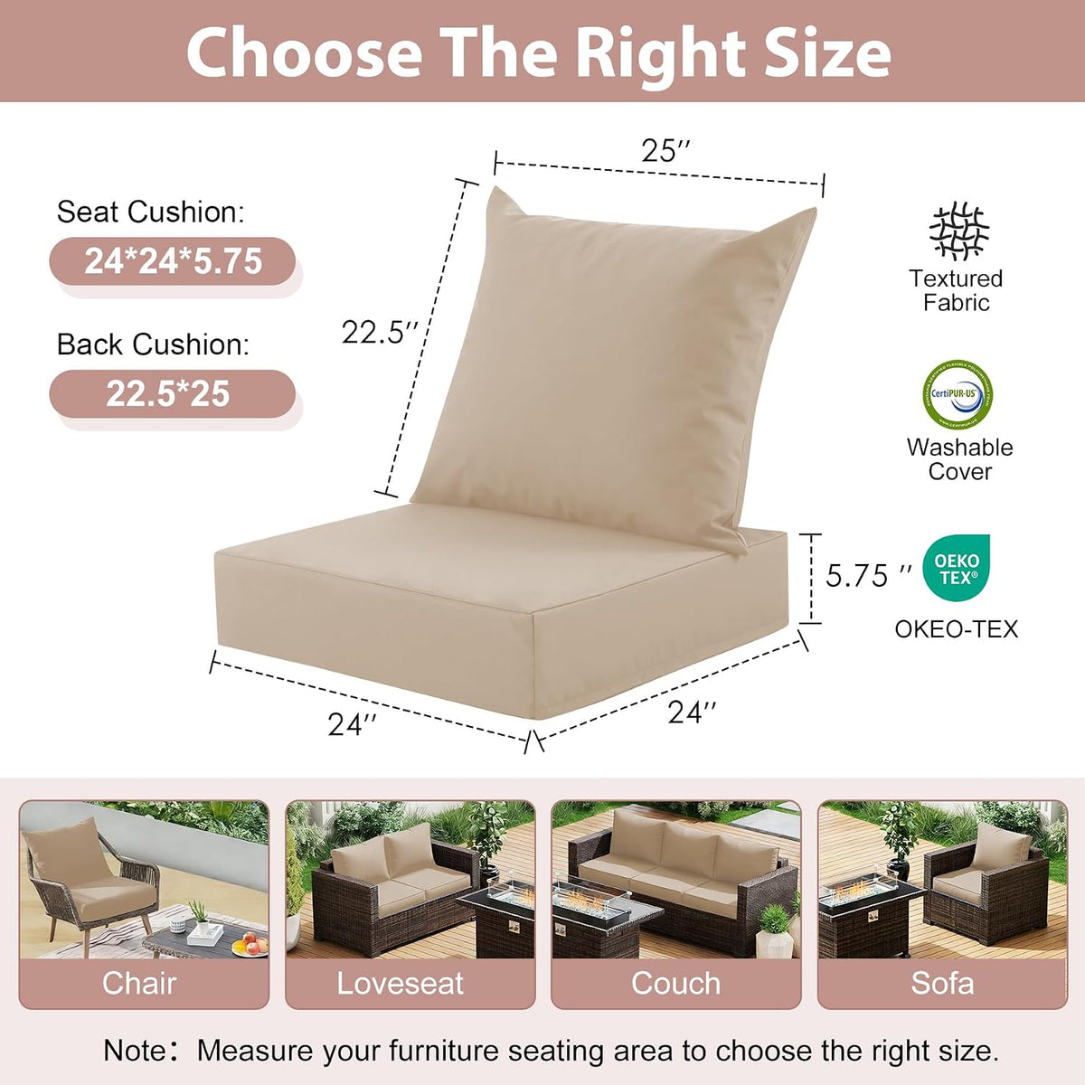 Outdoor Deep Seat Cushion Set, 24x24 Inch, Beige, Set of 1
