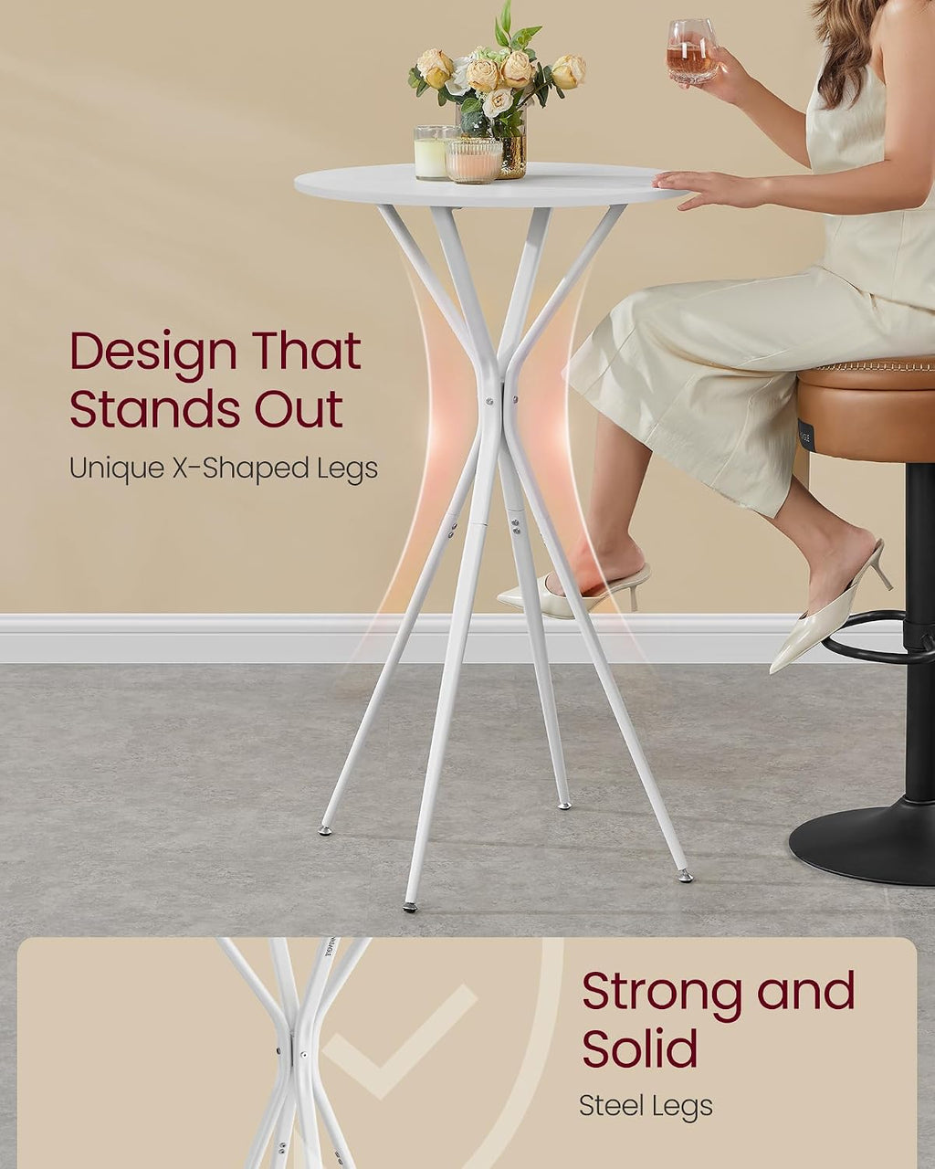 vasagle bar table, round cocktail high top pub, side view