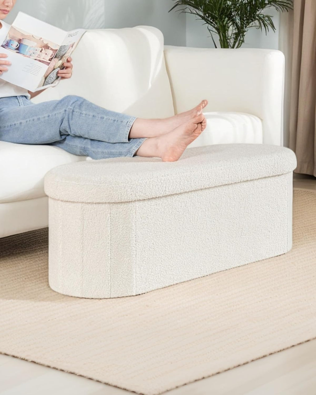 43.3 Inches Foldable Storage Ottoman Bench, Oval Footrest