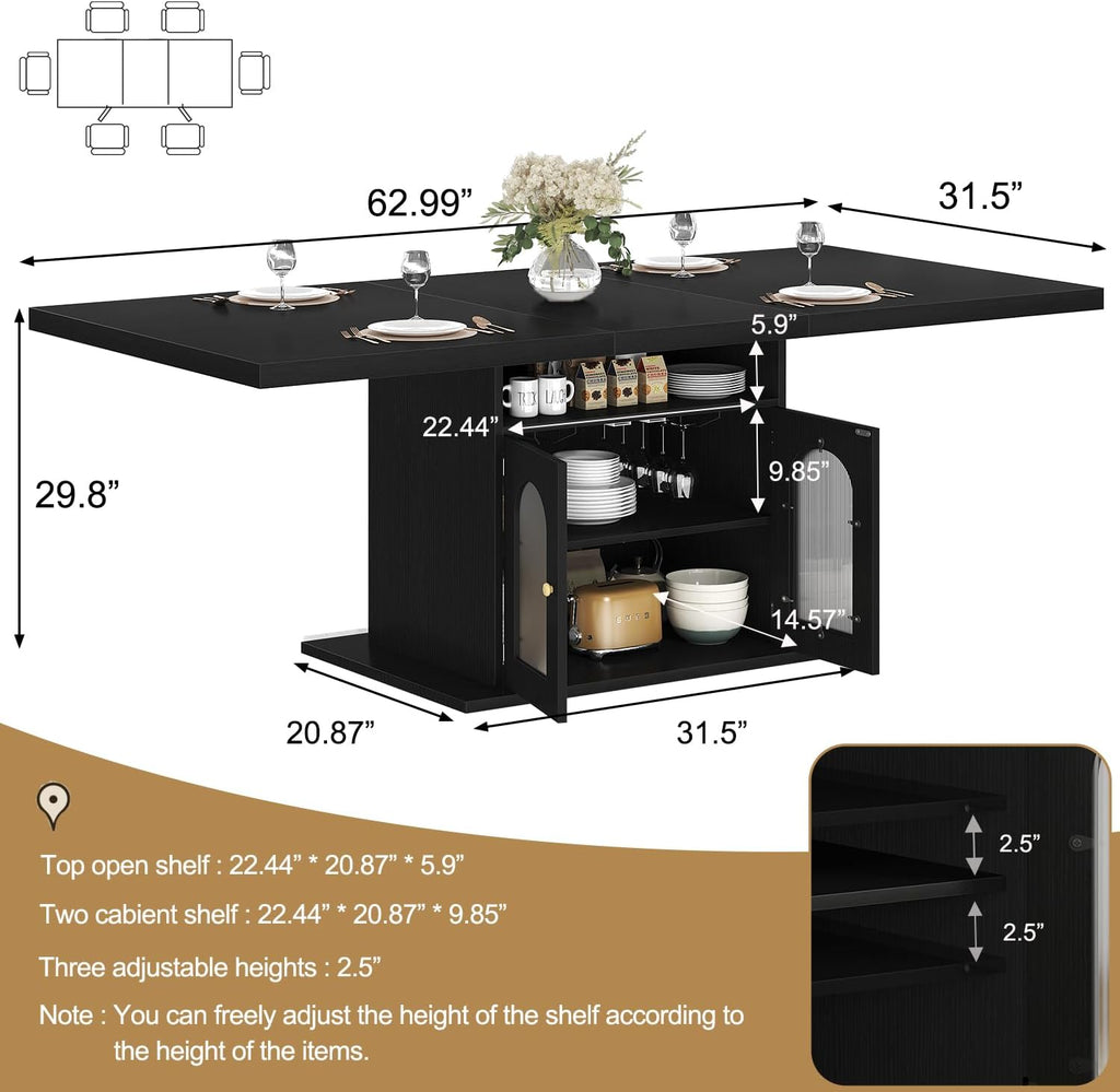 HSH 63" Modern Black Dining Table for 6, Dinner Table with Storage Cabinet