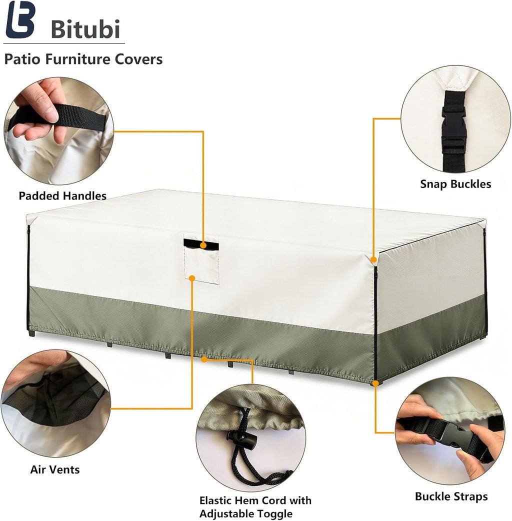 Bitubi Rectangular Patio Table Cover - Heavy Duty 600D Tough Canvas Waterproof Outdoor Dining Table and Chairs Universal Furniture Cover Size 126L x 74W x 28H inch, Beige