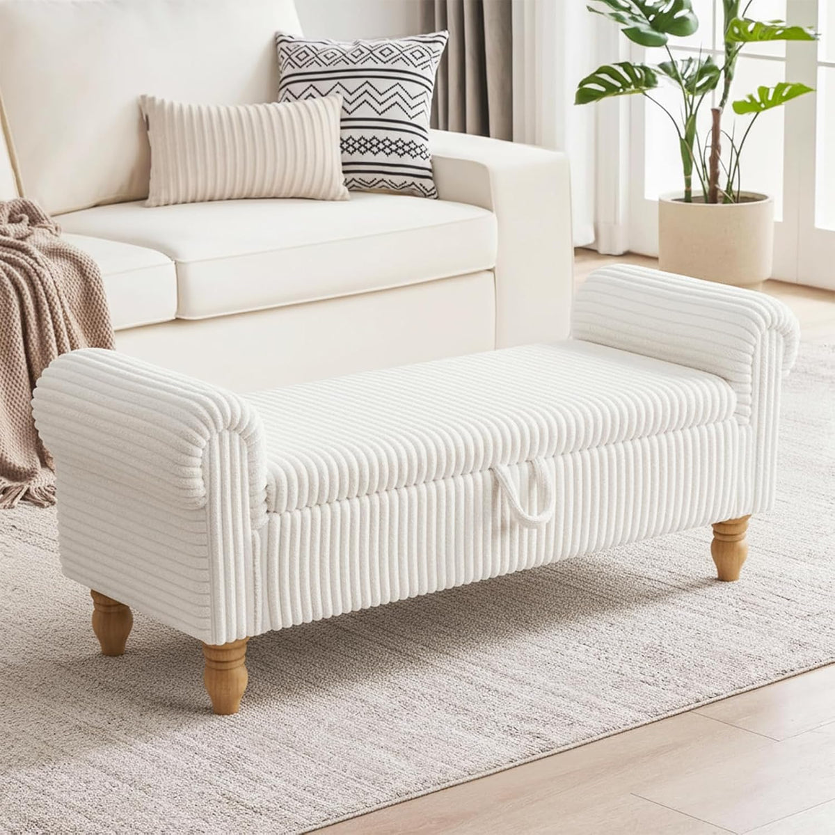 55" Storage Ottoman Bench, Corduroy End of Bed Bench for Bedroom, White