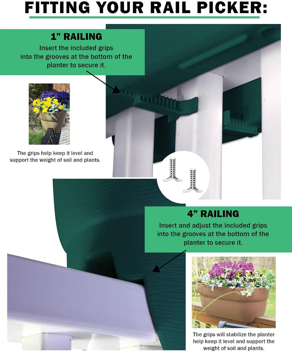 Bloomers Rail Picker Self-Watering Railing Planter Grow Box – 24" Weatherproof Resin Planter – Fits 1.25"–3.875" Wood & Metal Railings – White