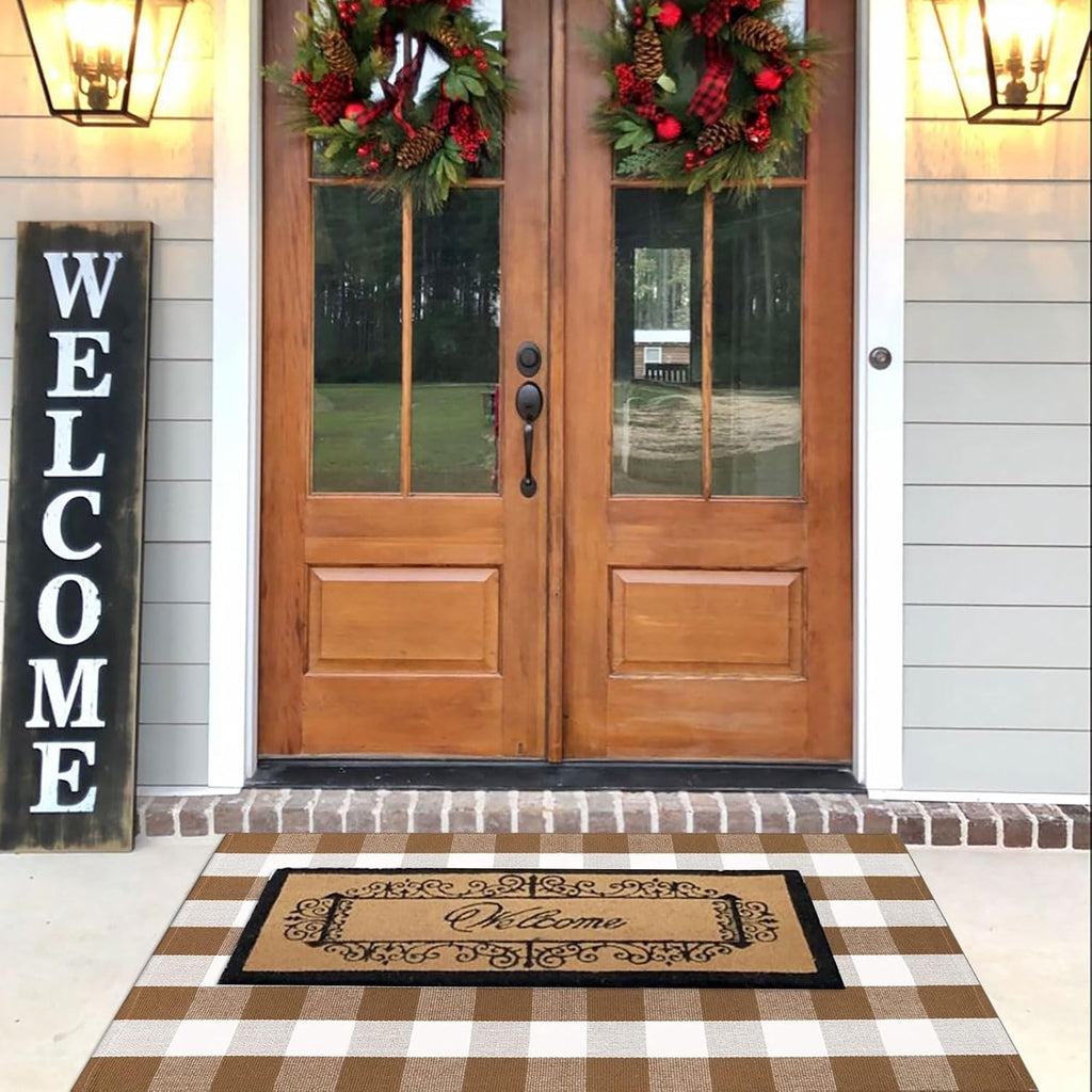 Fall Door Mat 3'x5'Brown and White Buffalo Plaid Rug Fall Front Porch Decor