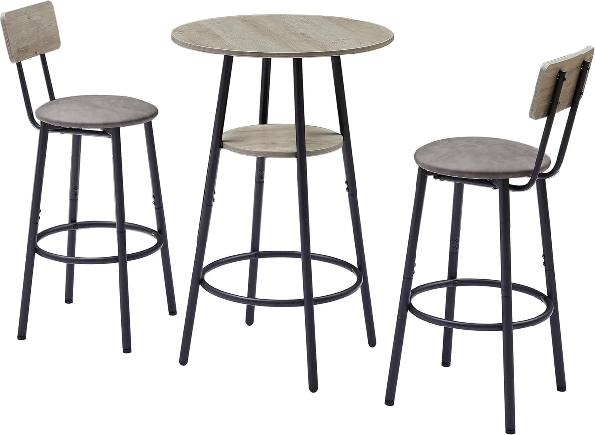 3 Piece Round Bar Table Set with Storage Shelf, Bistro Pub Counter Height Table and 2 Upholstered High Stools, Industrial Kitchen Breakfast Nook for Dining Room, Small Space, Gray