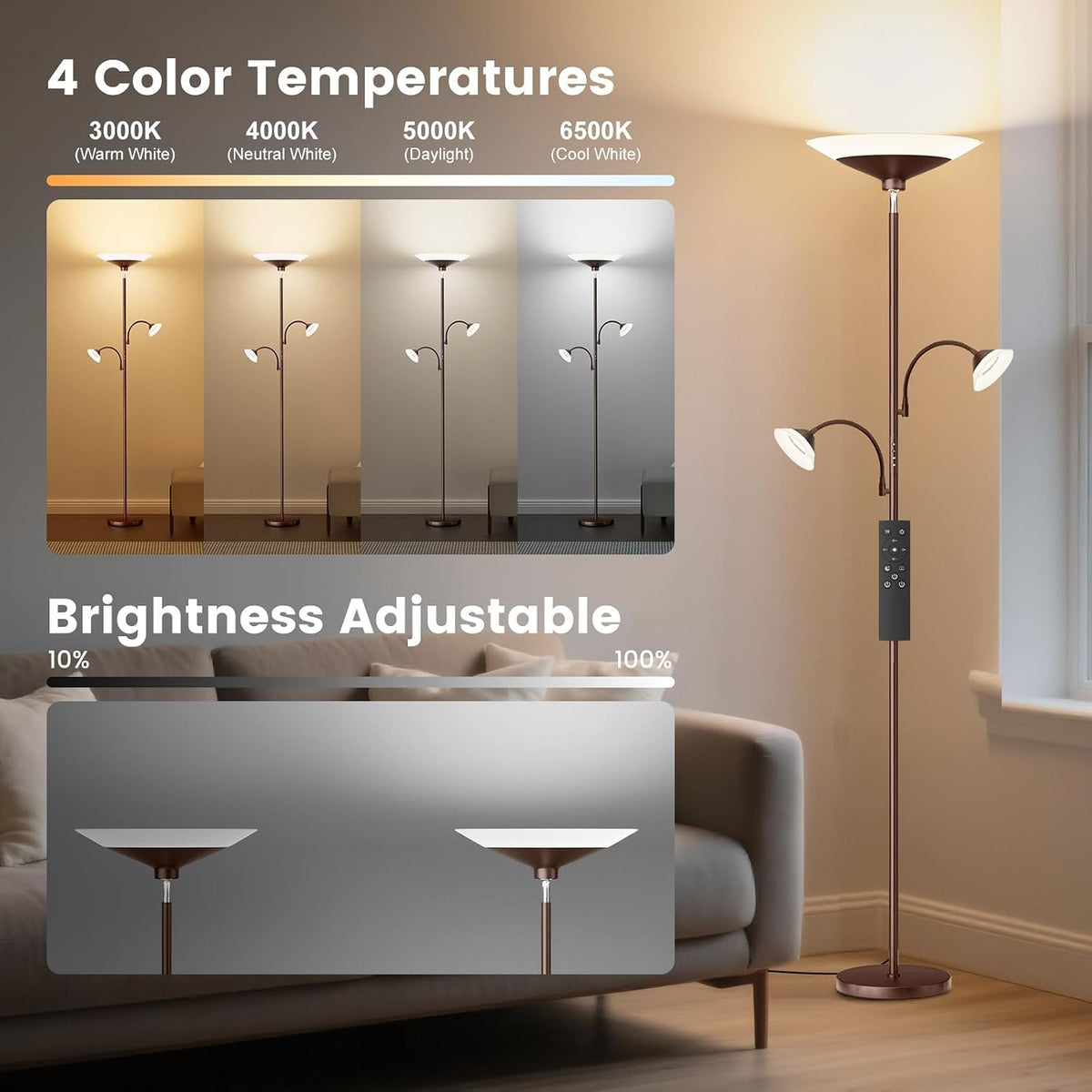 SIBRILLE 42W 3-Light Torchiere Floor Lamp, LED Tree Standing Lamp