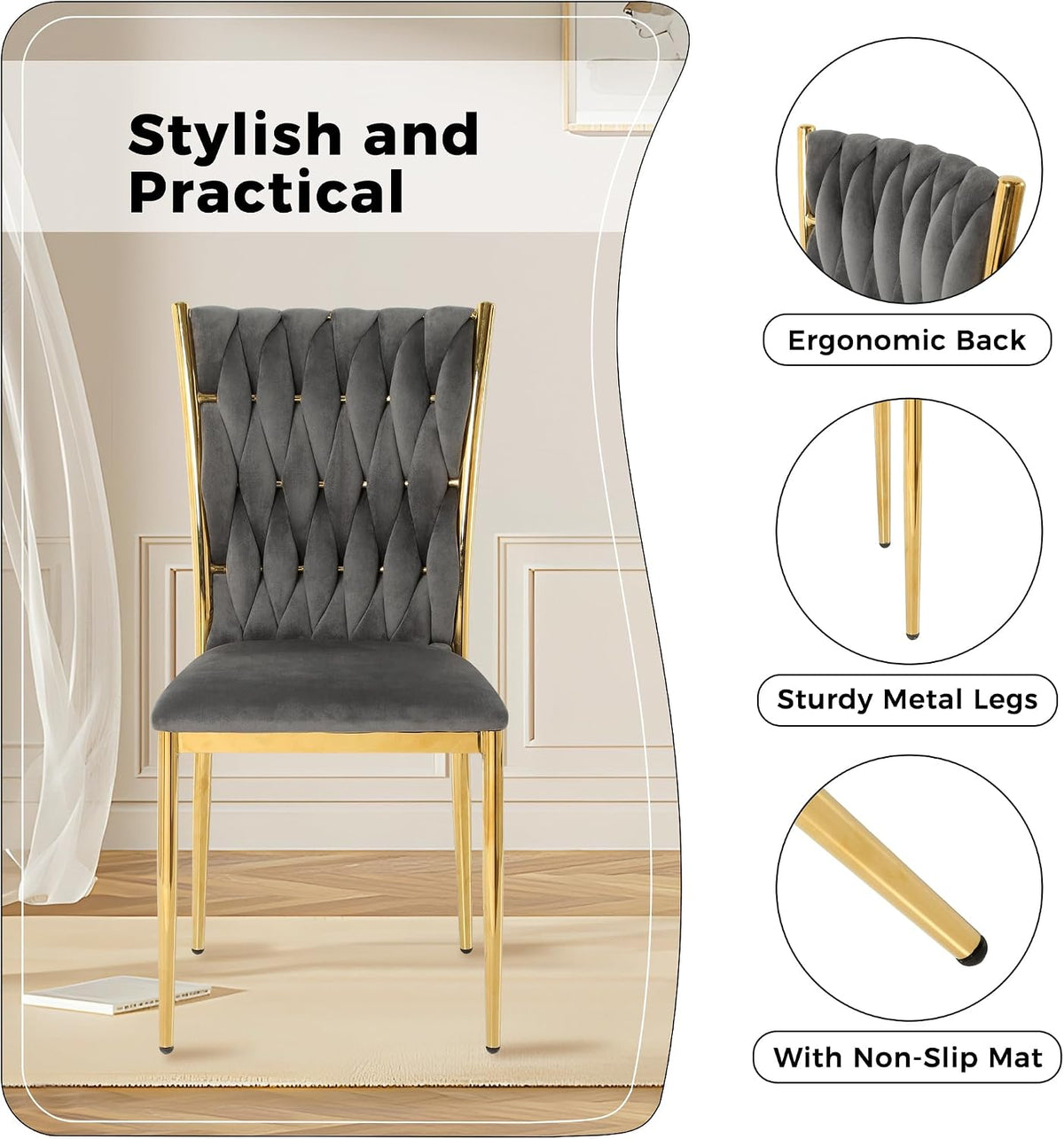 Modern Grey Velvet Dining Chairs Set of 4 with Woven High Back