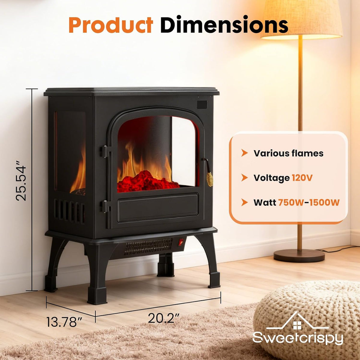 Sweetcrispy 26" Electric Fireplace Heater, Freestanding Indoor Fireplace