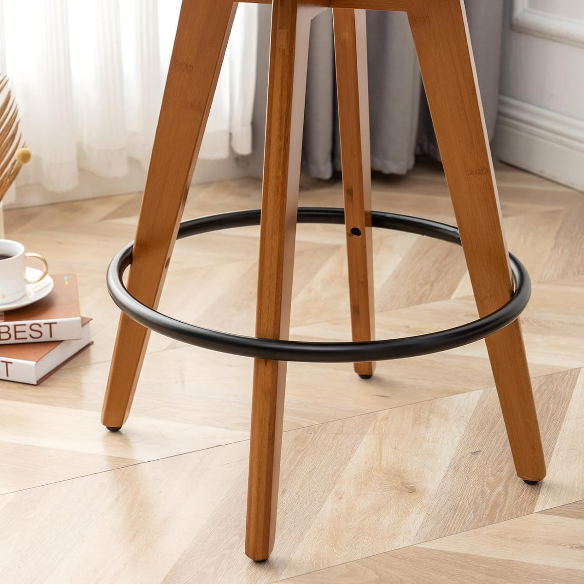 LUNLING Swivel Bar Stools,Mid Century Modern Black Faux Leather Upholstered Counter Height Barstools,Kitchen Island Wooden Bar Chairs,29.5-Inch Armless Counter Stools with Wood Back and Legs,1PCS