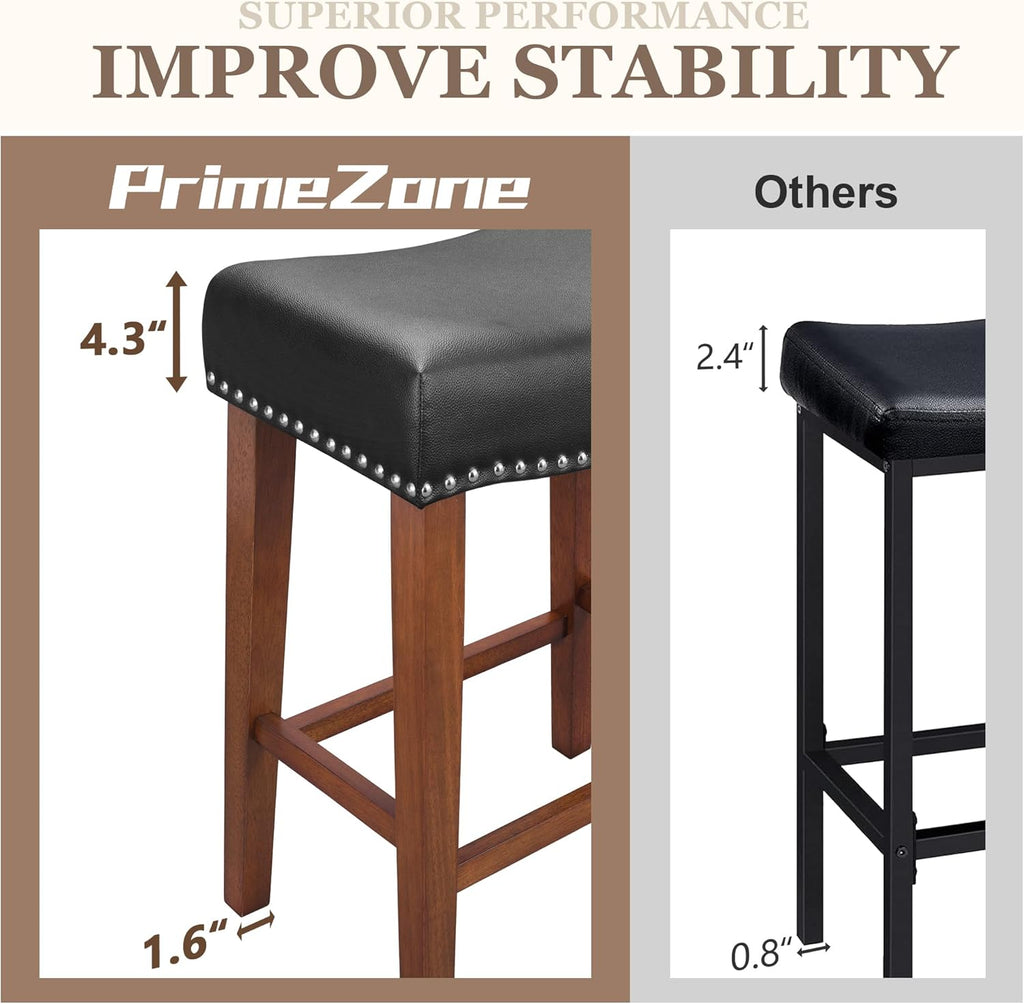 PrimeZone 26 Inch Solid Wood Saddle Backless Bar Stools Set of 2, Black