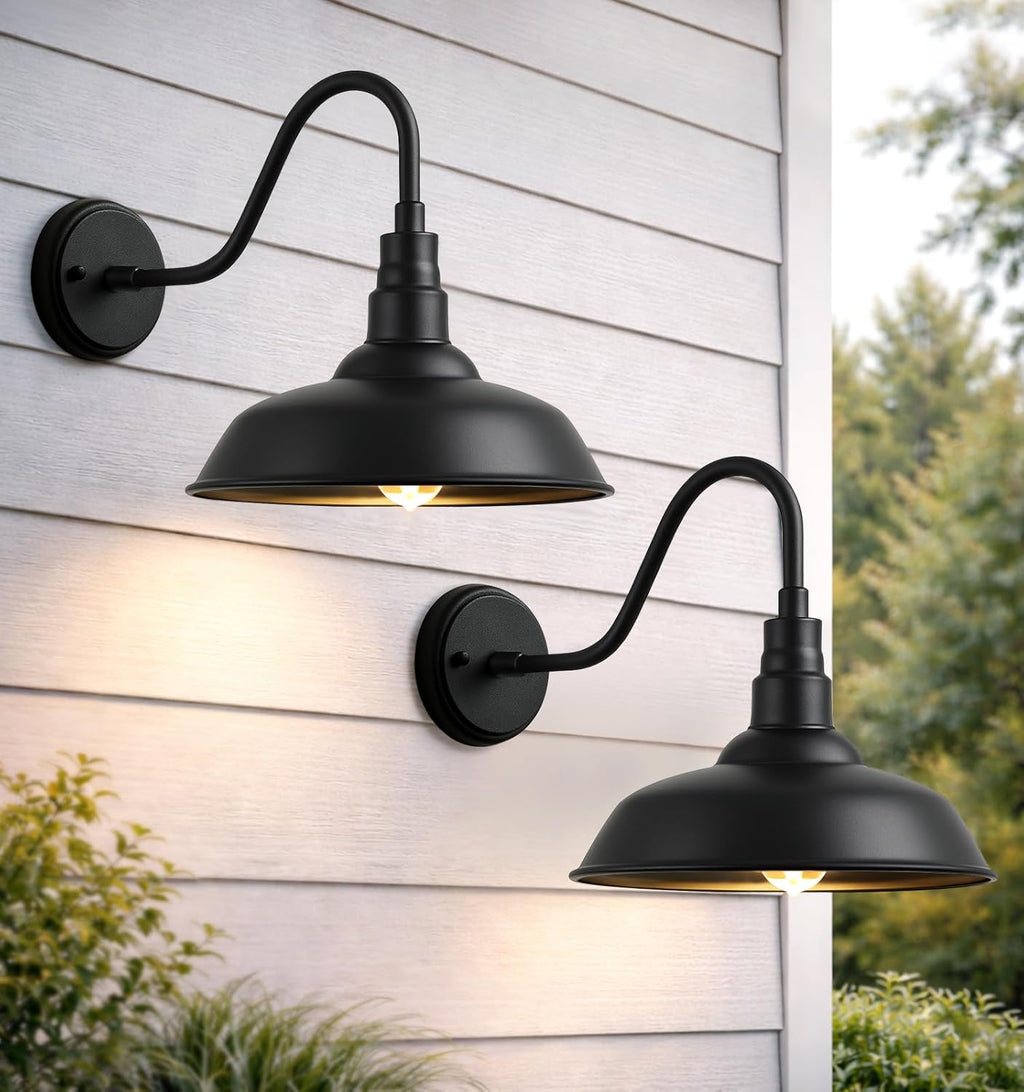10" Outdoor Gooseneck Barn Lights, Black Farmhouse Fixtures, 2-Pack