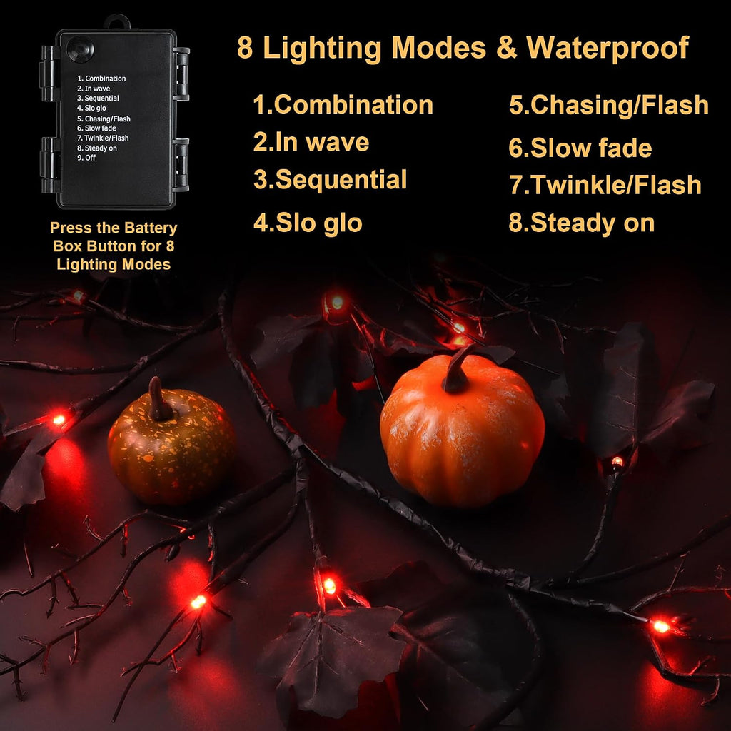 9 FT 72 LED Willow Vine Twig Decor Black Halloween Garland with Orange Lights, 8 Modes & Timer Waterproof Battery Operated for Home Fireplace Mantle Wall Office Indoor Halloween Decorations Party