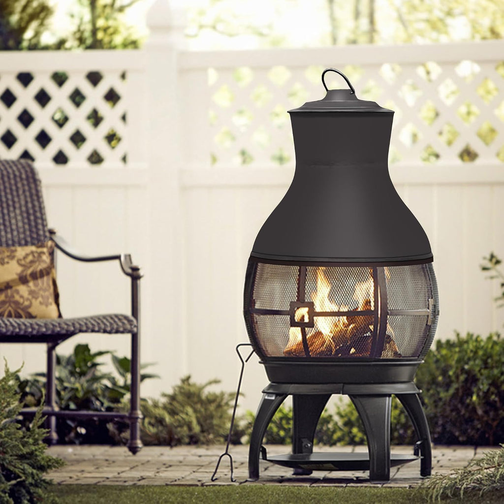 bali outdoors fire pit wood burning chiminea outside, side view