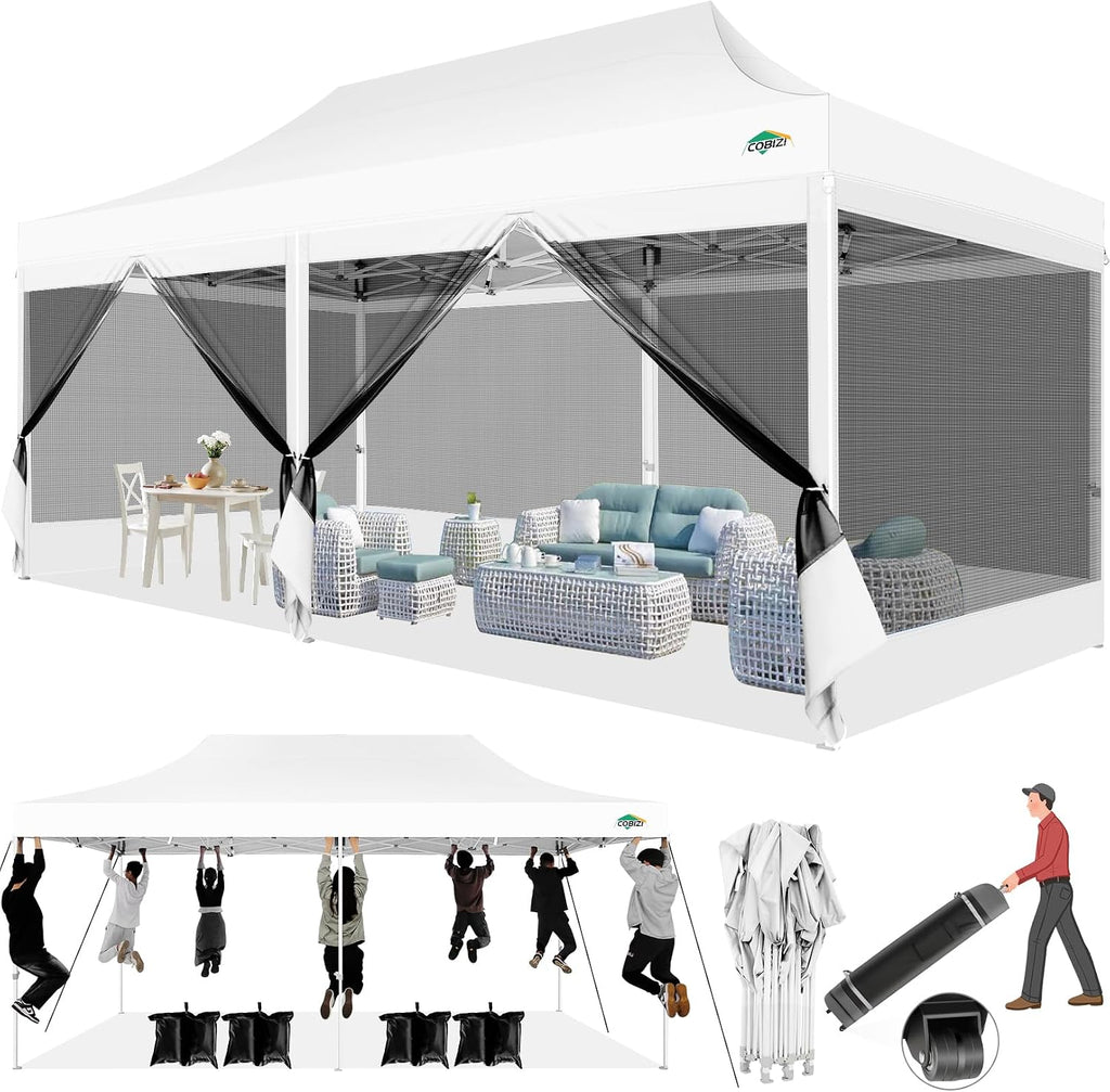 COBIZI 10x20 Heavy Duty Pop Up Canopy Tent with 6 Mosquito Netting Walls
