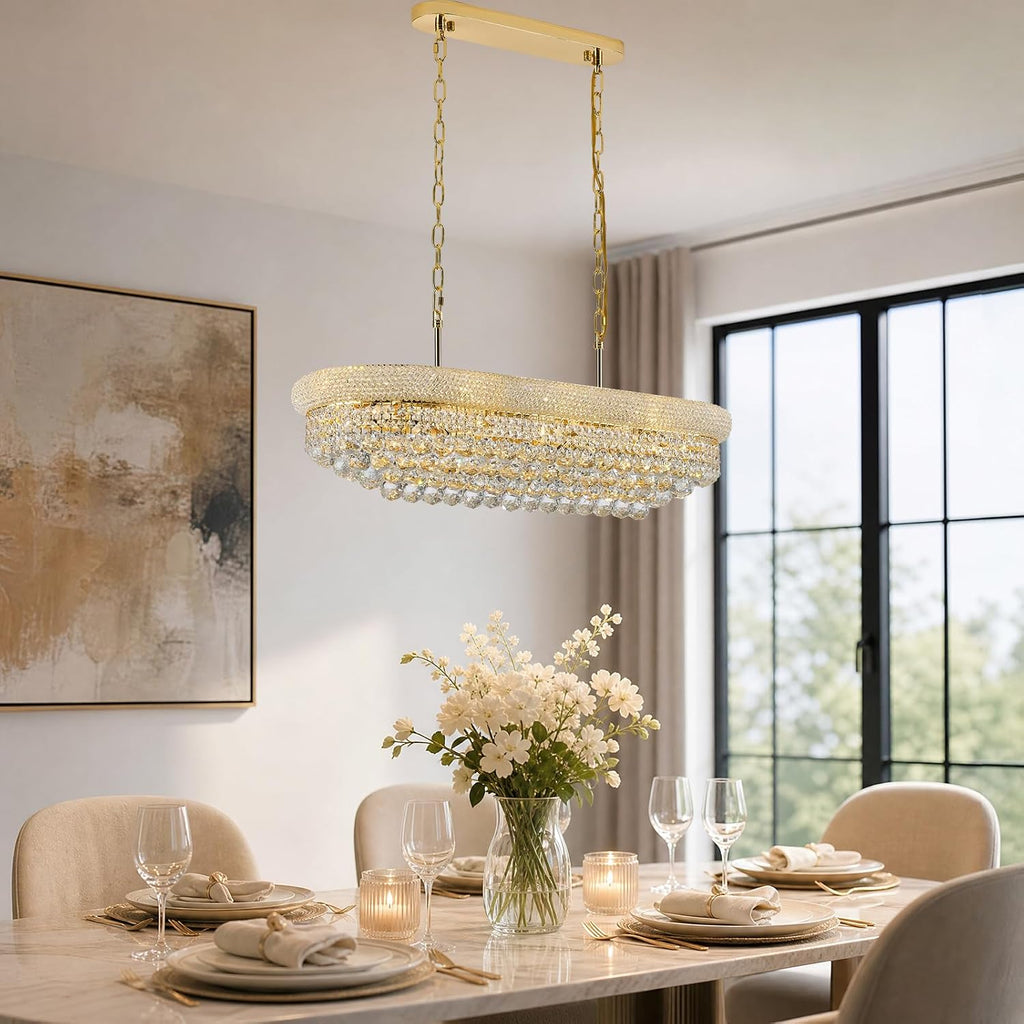 Rectangle Crystal Chandeliers for Dining Room, L36 inch Rectangular Oval Light for Kitchen Island (Gold)