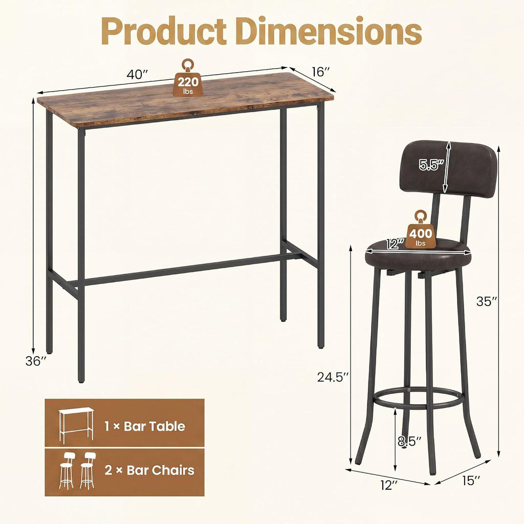 GIANTEX 3-Piece Bar Table and Chairs Set, Counter Height Pub Table and 2 Upholstered Stools with Backrest & Footrest, Space-Saving High Top Bistro Table Set for Breakfast Nook, Small Space