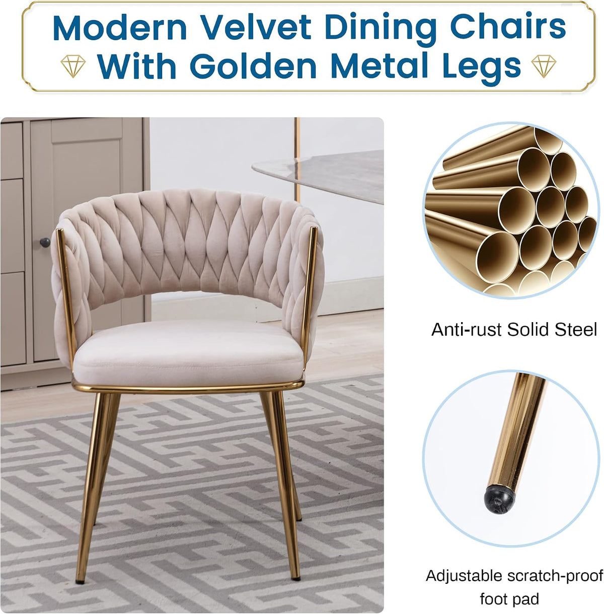 KCC Velvet Dining Chairs Set of 6,Woven Chairs with Metal Legs,Green