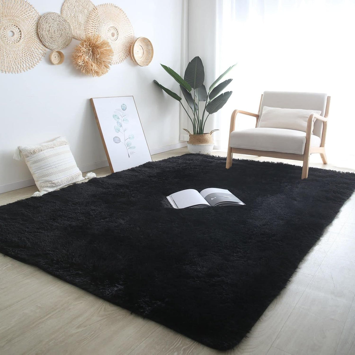 Black Shag Area Rug 6x9 for Living Room - Soft Non-Skid Carpet Modern Decor