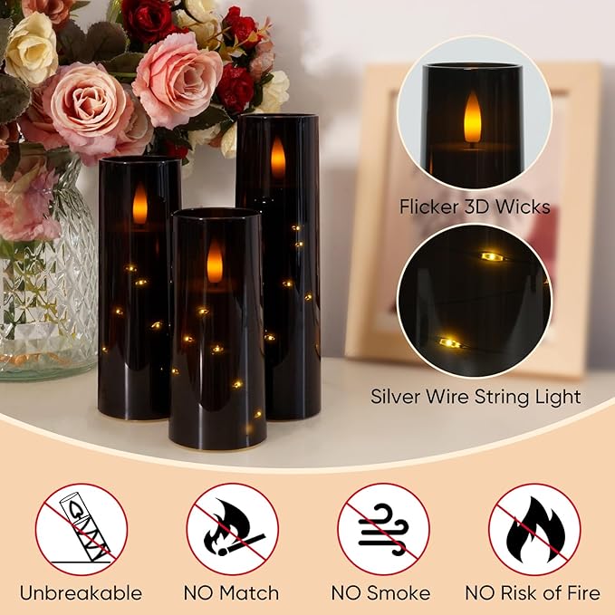 Raycare Flameless Candle with Remote Timer – 9 Flickering Acrylic Battery Operated LED Pillar Candles with Embedded Star String for Halloween, Home Decor, and as a Gift (Black) (9 Pcs)