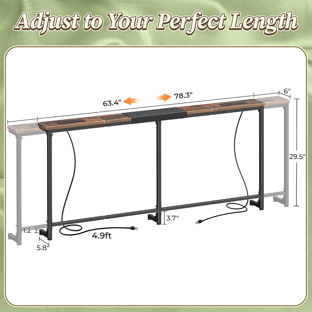 Huuger 63.4-78.3'' Extendable Behind Couch Table with Outlets, Rustic Brown