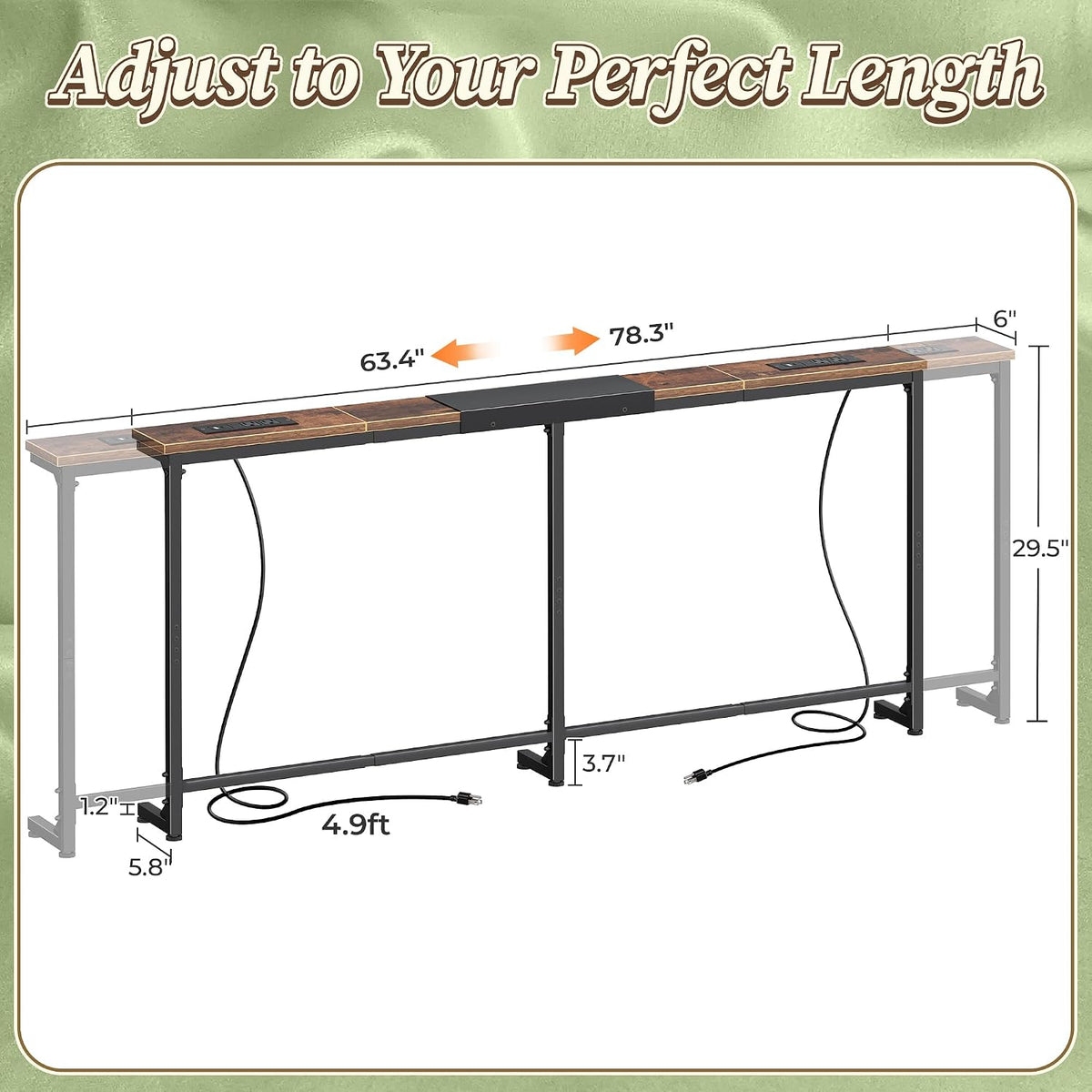 Huuger 63.4-78.3'' Extendable Behind Couch Table with Outlets, Rustic Brown