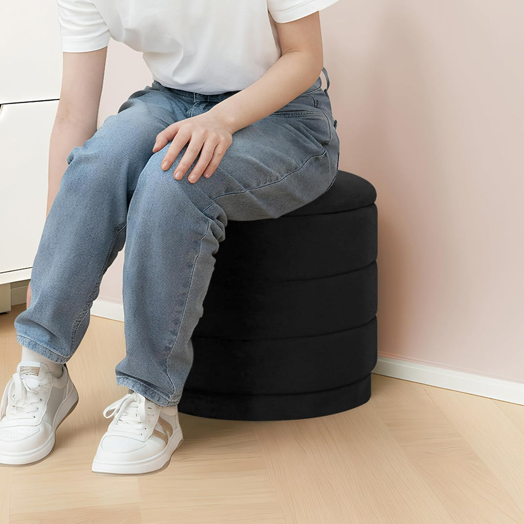 15.4" Round Velvet Storage Ottoman with Reversible Lid, Upholstered Circular Ottoman Footrest with Hidden Storage, Foldable Padded Footstool for Dorm Living Room & Bedroom, Black