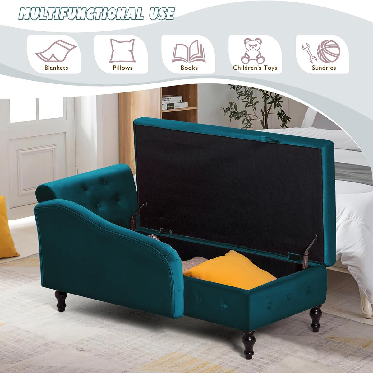 Velvet Chaise Lounge w/Right Armrest & Storage Space, Teal