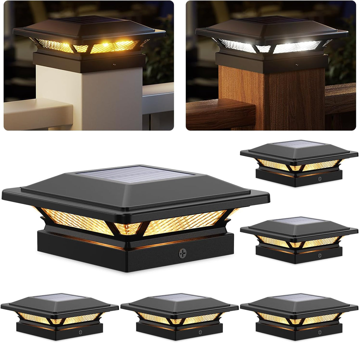 SIEDiNLAR 4x4 Solar Post Cap Lights Outdoor 16 LEDs 2 Modes, 6 Pack, Black