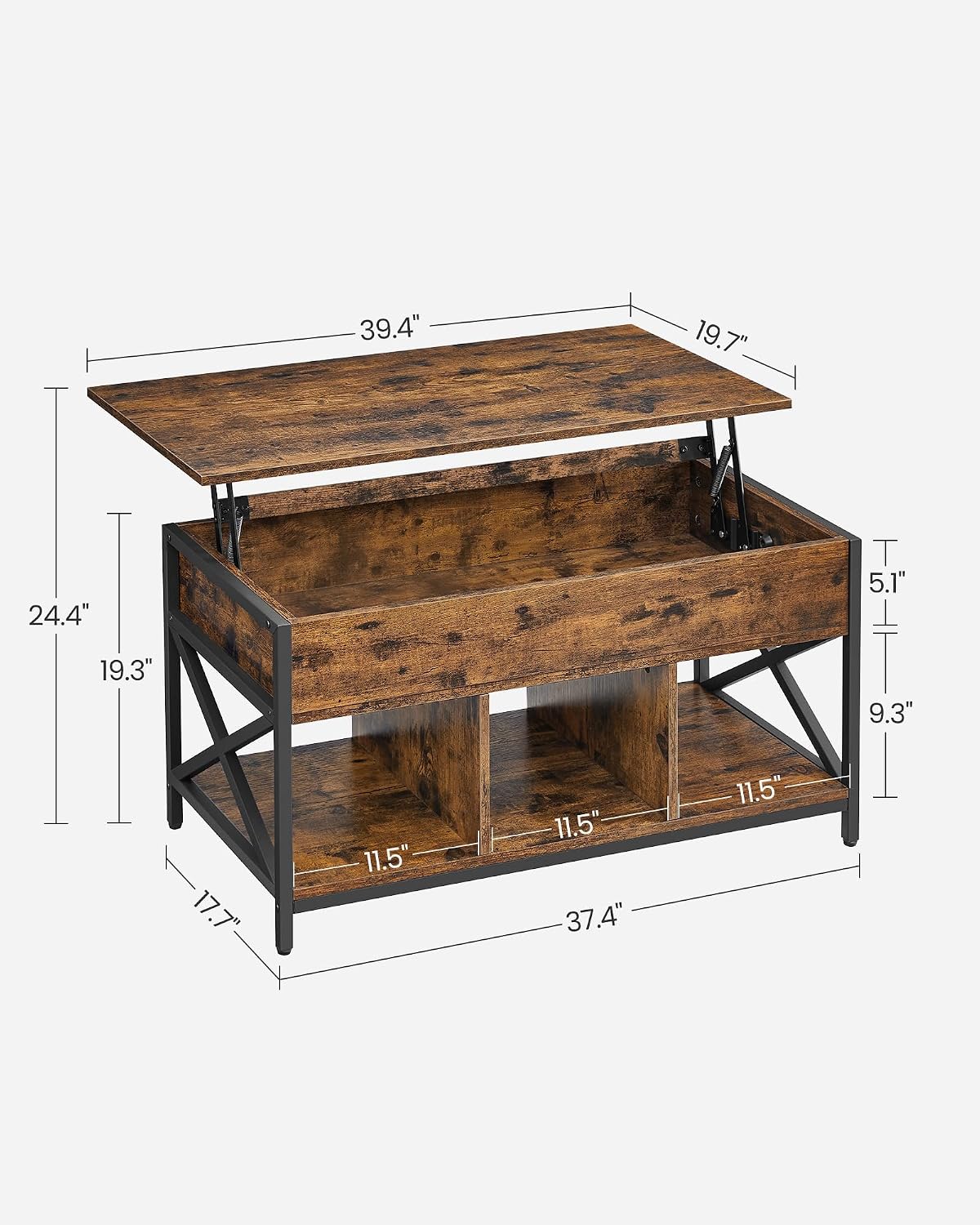 VASAGLE Lift Top Coffee Table with Storage Shelf, 3 Compartments