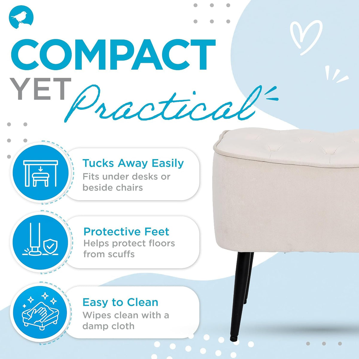 BIRDROCK HOME Tufted Curve Ottoman Velvet Foot Stool - Modern Upholstered Padded Footrest for Living Room or Bedroom - Small Cushioned Accent Chair for Couch, Sofa, or Extra Seating (Tan)